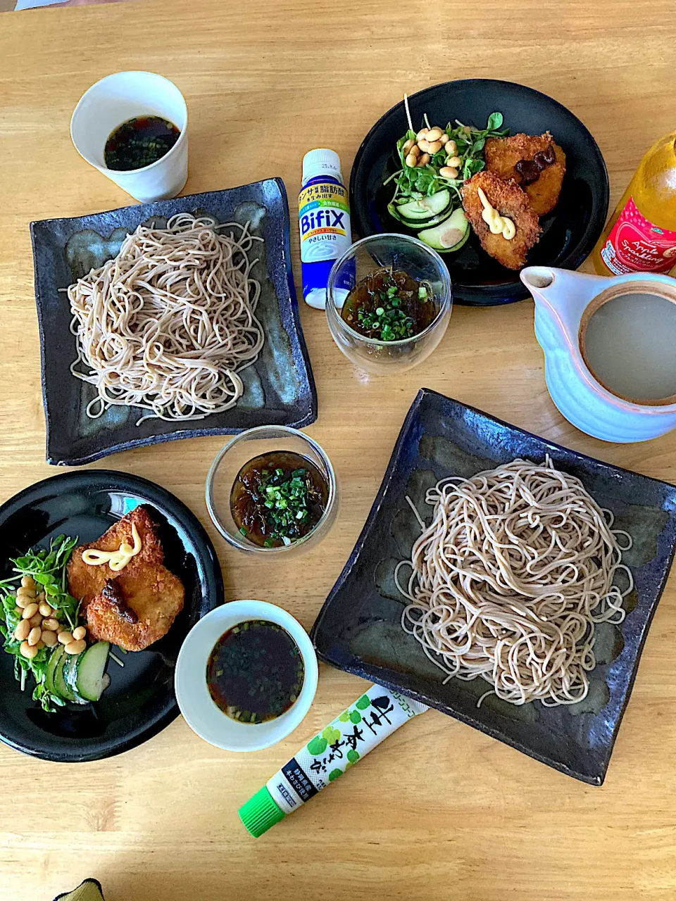 十割そば🤎鯛のフライ🤎お豆のサラダ🤎蕎麦湯🤎心太🤎ヨーグルトドリンク🤎アップルシードル|さくたえさん
