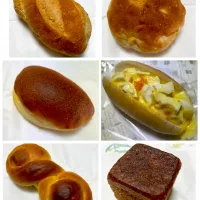 フランスパン中、コーンのパン、クリームパン、たまごサンド、はちみつパン、コロコロン