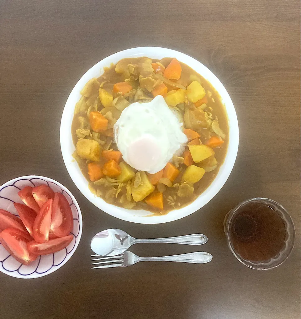 今日の晩ご飯はオリエンタルマースカレーを使って豚バラ、人参、じゃがいも、玉ねぎ、卵だけでポークカレーライス目玉焼きトッピングを作りました。おがくず状のルーとチャツネソースが甘口でなんか懐かしい味がしました。|なびさん