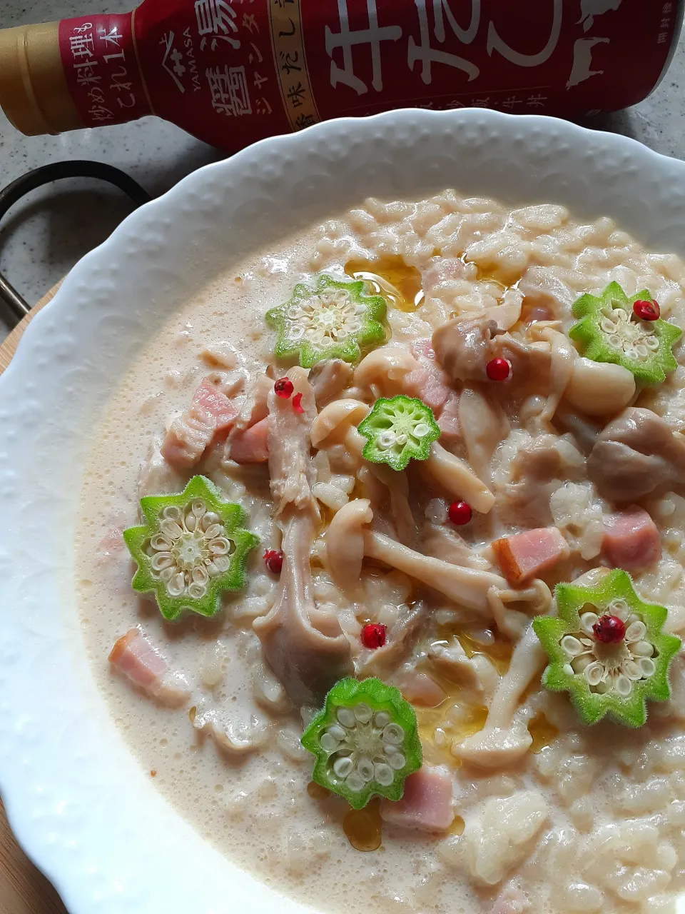 ヤマサ醤油公式アカウントさんの料理 牛だしバターの冷やし豆乳きのこリゾット|fumfumさん