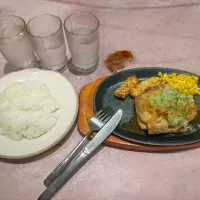 若鶏のディアボラ風、ライス、水、炭酸水(無料)(夕飯、サイゼリヤ)|enarinさん