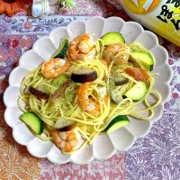 海老と夏野菜の梅ポンパスタ🦐