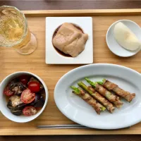 アスパラの豚バラ巻き、プチトマトと茄子のマリネ、胡麻豆腐、梨| マユマユさん