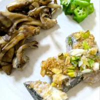 ぶりのごまネギ味噌、オクラナムル、まいたけソテー|ハムキチさん