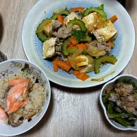 ゴーヤチャンプルー、鮭としめじの炊き込みご飯、空芯菜のお浸し|みかふく_食生活見直し保健師ごはん。さん