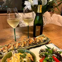 海老焼き焼売　夏野菜のお浸し　カツ丼　いつものスパークリングワイン|izunさん