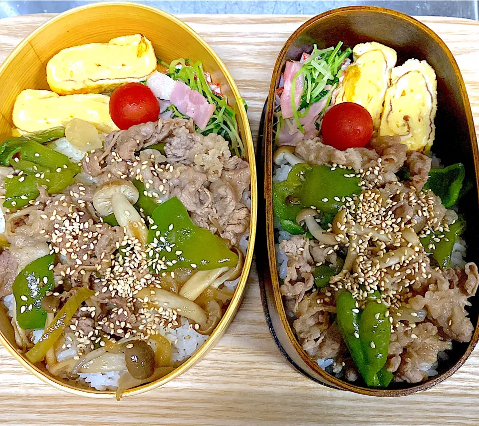 朝６時から弁当作り。牛ピー丼。甘い卵焼き。豆苗とベーコン炒め。中学生とパパ弁当！今日も小雨に負けず頑張って！|りえはるさん