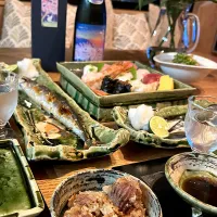 秋刀魚　お寿司　砂肝の酢漬け　砂肝の唐揚げ　佐渡の真野鶴の生原酒|izunさん
