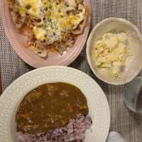 カレー、れんこんのチーズ焼き、キャベツのニンニクオイル蒸し|たなばたさん