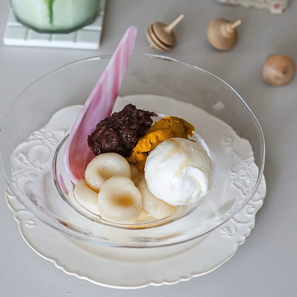 あんことかぼちゃペーストのせクリーム白玉|kayokoさん