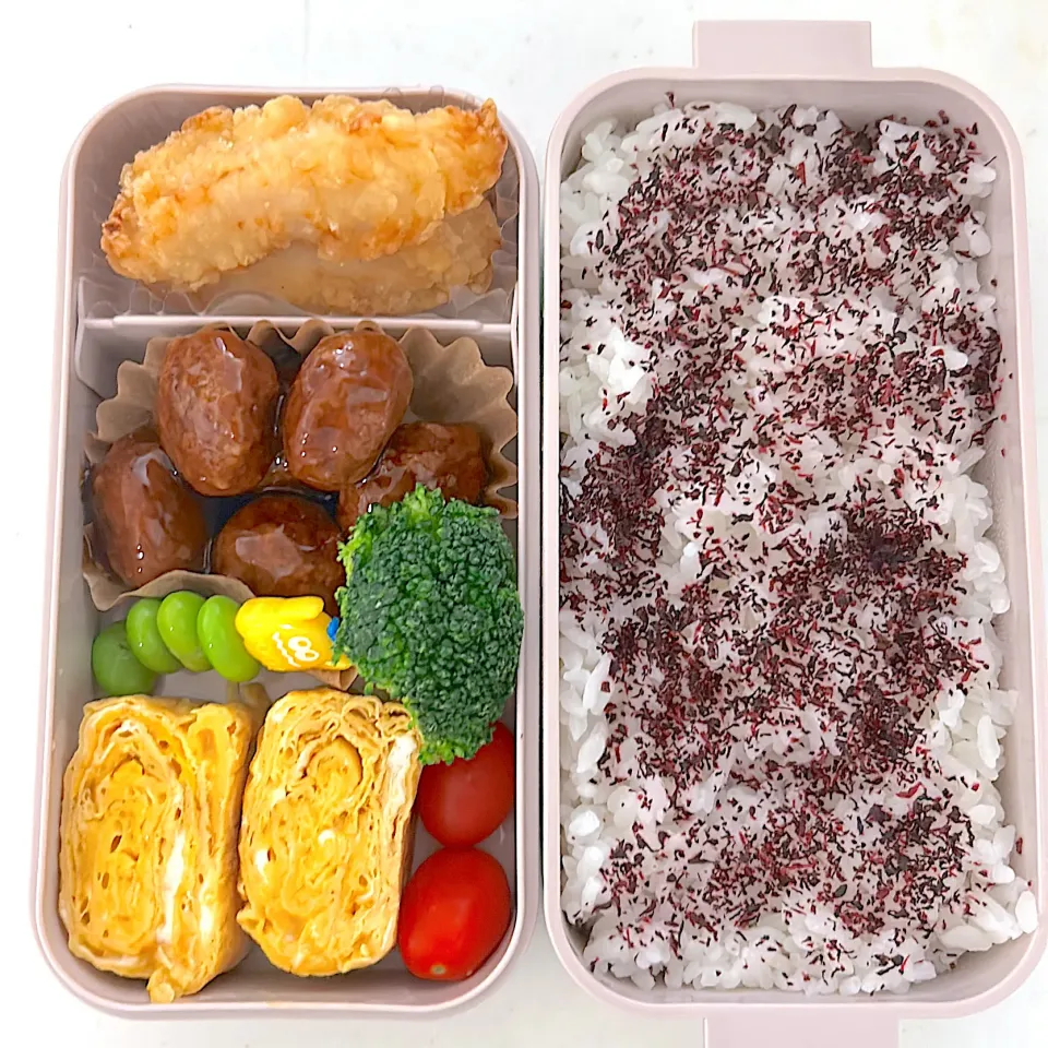 スナックチキン
ミートボール
卵焼き
枝豆
ブロッコリー
ミニトマト
ゆかりご飯|ayumomさん