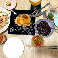 鶏ももとせせりのブルーベリーソース掛け、人参と山芋のグリル、パプリカピーマンのマリネ、薄切りバタール|みかふく_食生活見直し保健師ごはん。さん