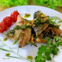 畑のハーブで秋刀魚の香草焼き