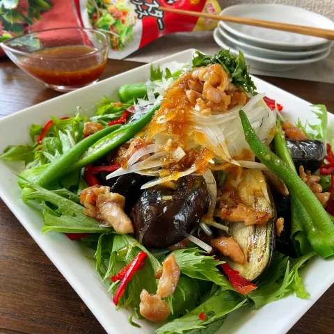 「李錦記　パンダブランドオイスターソース　スパウトパウチ」を使ってみたSnapdishの料理・レシピ写真:オイスタソースde玉ねぎドレッシング～茄子のサラダ～