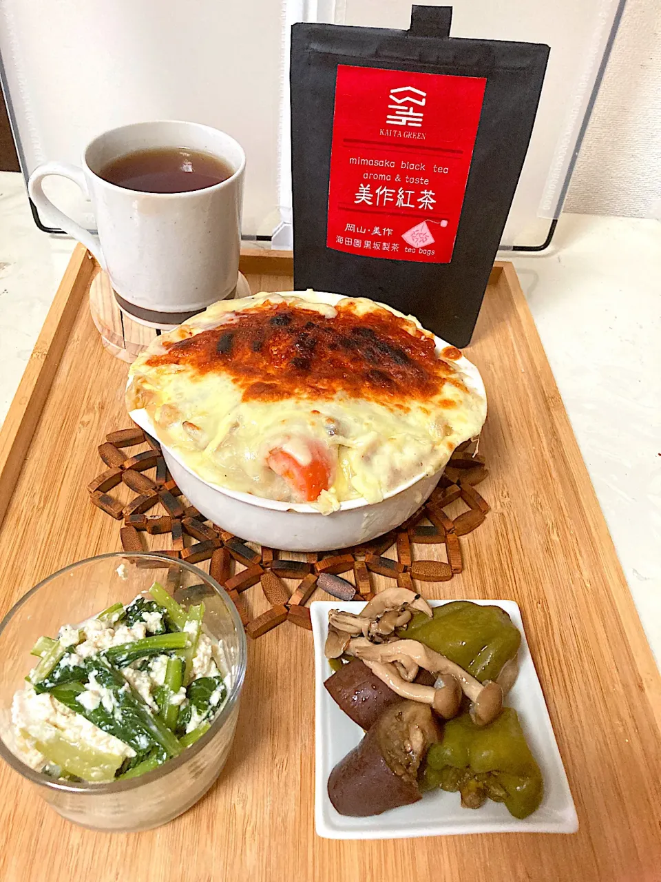 美作紅茶とキャンベルクラムチャウダー缶と豆乳のグラタンは合う|時雨さん
