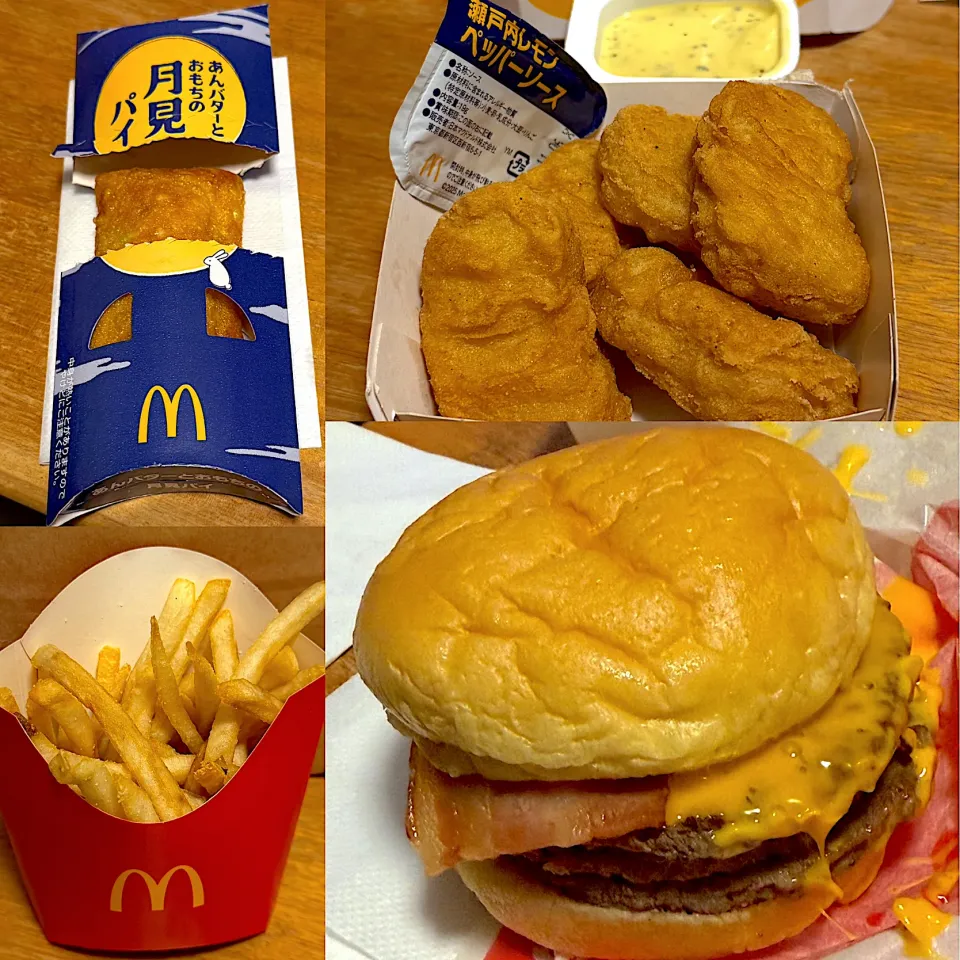 とろ旨すき焼き月見バーガー　　ナゲット　　ポテト　　あんバターとおもちの月見パイ|るみおんさん