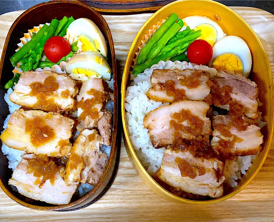 自家製チャーシュー玉ねぎだれ、味玉、新鮮アスパラ。明日が中学生ラスト弁当！頑張れ私|りえはるさん