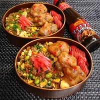 母とムスコのラブラブおソロ♪黒チャーハン＆スイチリオイマヨ唐揚げ弁当|からあげビールさん