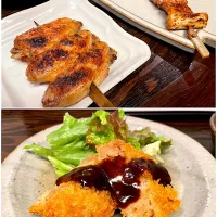 手羽先の串焼き、豚串（豚ねぎま）、イベリコ豚のコロッケ　サラダ添え|こいちさん