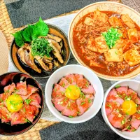 自家製ローストビーフ丼、四川風麻婆豆腐