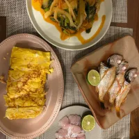 のどぐろの塩焼き・お刺身、豚キムチ、カニカマ入り卵焼き|たなばたさん