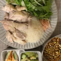 カオマンガイ、グリーンサラダ、ガリ、ちくわきゅうり、ブロッコリーのオイスター和え|たなばたさん