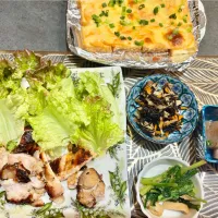 厚揚げ明太子ピザ　鶏もも肉グリル　ひじき　ピリ辛コンニャク|あつこさん