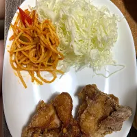 唐揚げ＋小松菜としめじのお味噌、冷奴|いさん