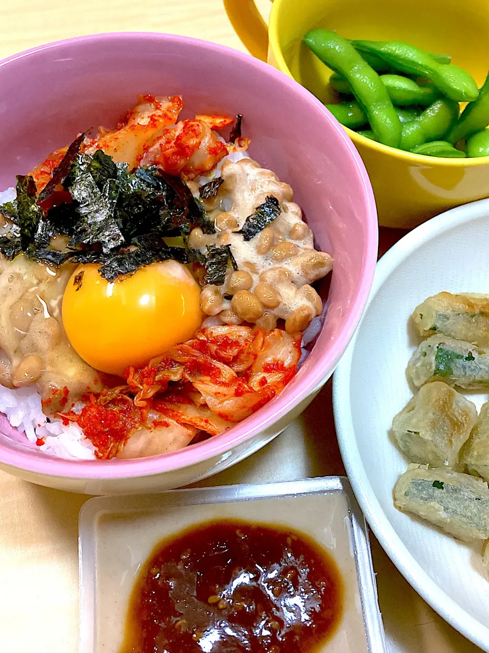 ＴＫＧ納豆キムチ＆胡麻豆腐&オクラ唐揚げ&枝豆|なおさん