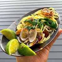 奄美大島早積みタンカンでボンゴレビアンコ