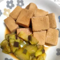 m.rafuさんの料理  醤油と糀甘酒のきゅうり漬物の残り汁＋糀甘酒、液みそ料亭の味足して煮ました(ミニ高野豆腐、なす煮物)