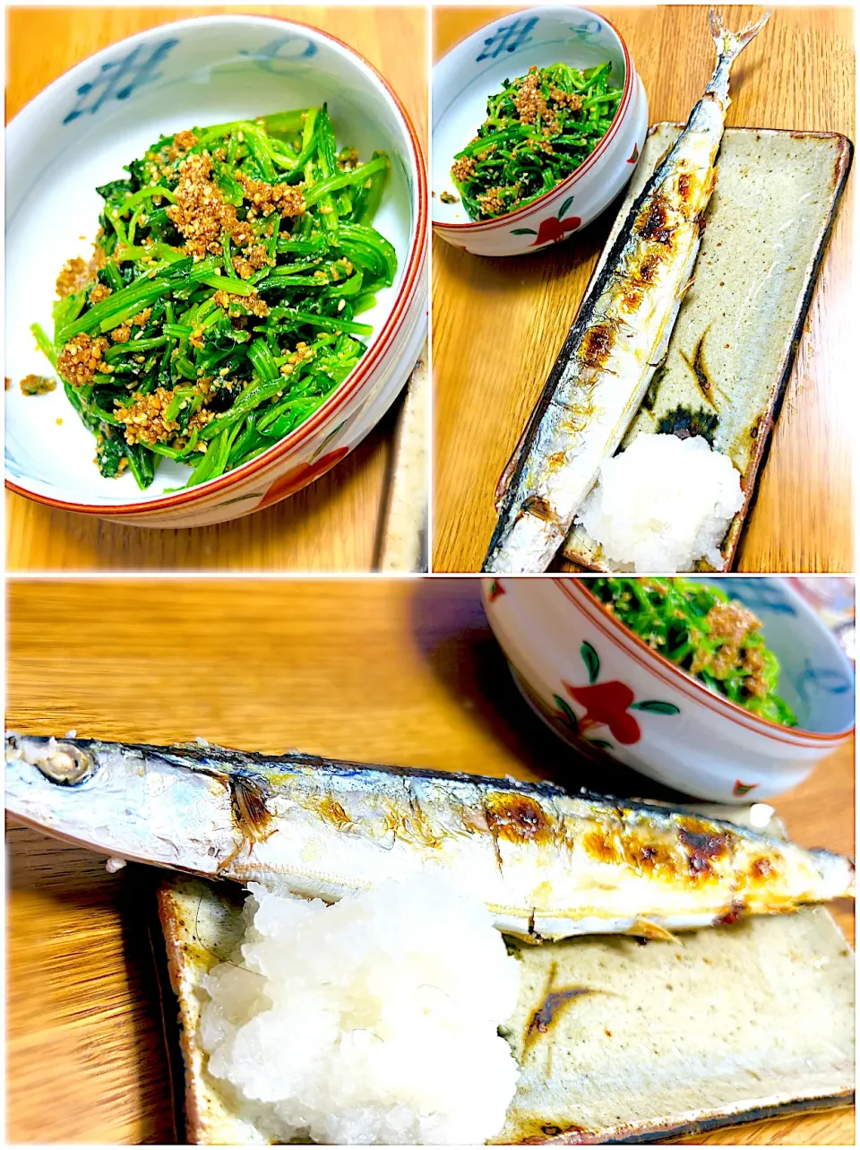 ”秋刀魚”の塩焼き＆ ”法蓮草”の胡麻和え＠ 自宅飯|平大さん