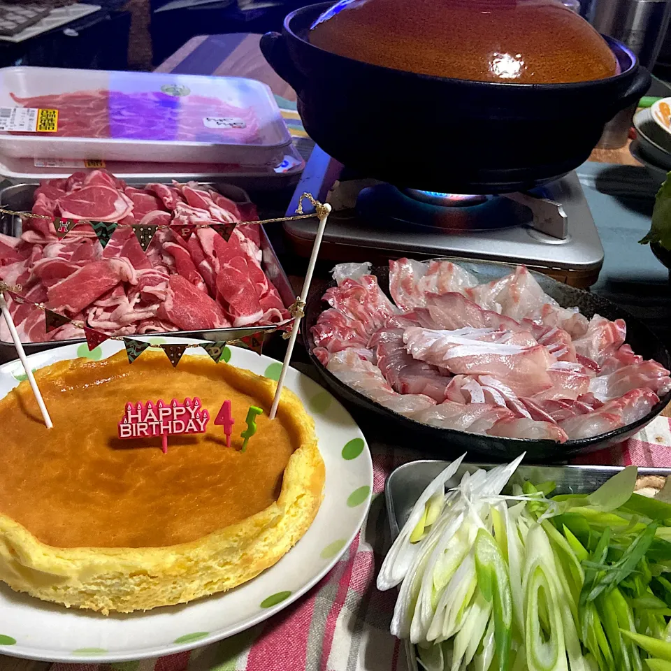 主人のお誕生日お祝いしゃぶしゃぶと息子作のチーズケーキで乾杯です|renharuruさん