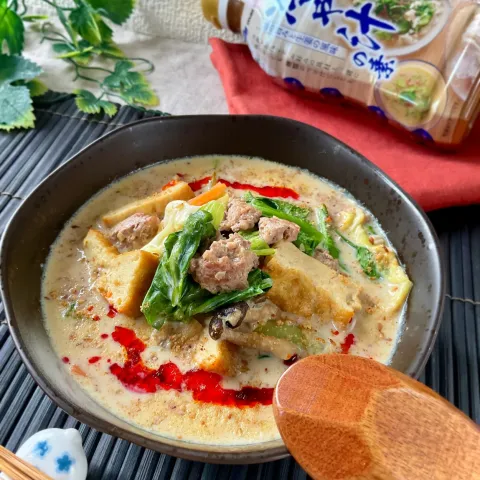 「液みそ つきぢ田村監修 冷や汁の素」を使ってみたSnapdishの料理・レシピ写真:冷や汁の素de厚揚げ入り☆坦々風スープ