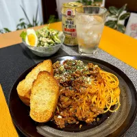 ミートスパゲッティと、ゴーヤとツナのサラダ|みっきーさん