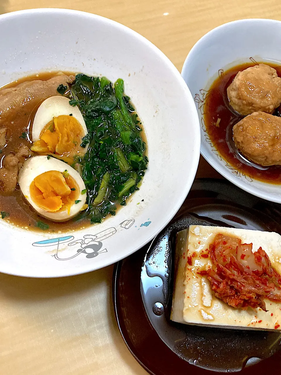 鶏チャーシュー煮卵&つくねえのき&キムチ冷奴|なおさん