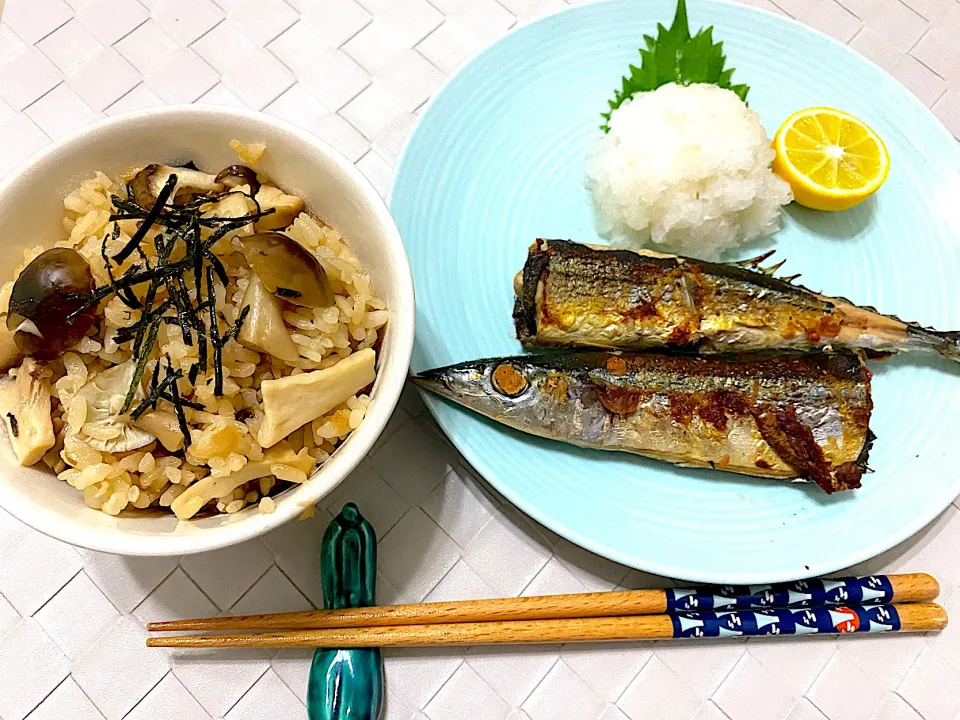 松茸風 炊き込みご飯＆秋刀魚の塩焼き|単身赴任のっちさん