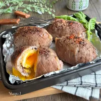 半熟卵の肉巻きおにぎり〜割ったらお月見🌕