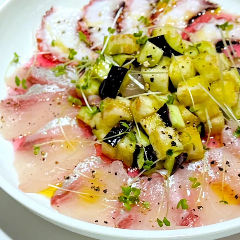 カンパチとタコと水なすの梅酢カルパッチョ|ヨシュアさん