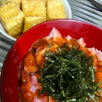 大トロとサーモン丼雲丹醤油かけと揚げ出し豆腐