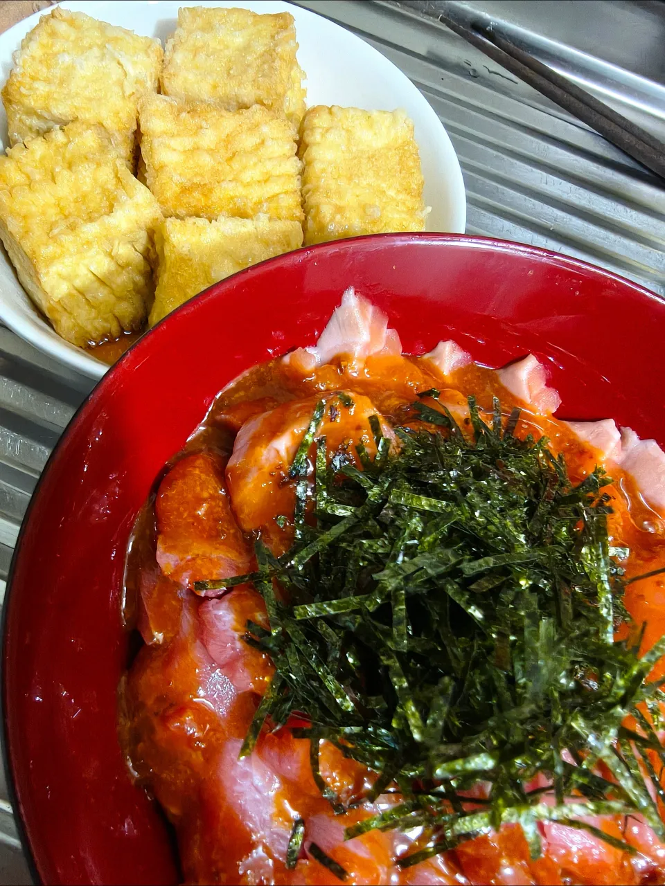 大トロとサーモン丼雲丹醤油かけと揚げ出し豆腐|時雨さん