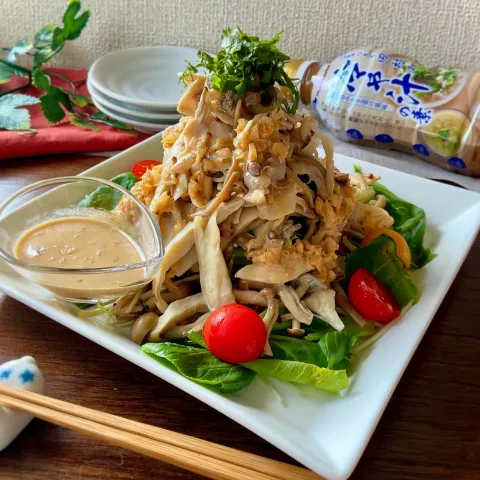 「液みそ つきぢ田村監修 冷や汁の素」を使ってみたSnapdishの料理・レシピ写真:きのこ＆豚しゃぶnoサラダ～冷や汁の素ドレッシング～