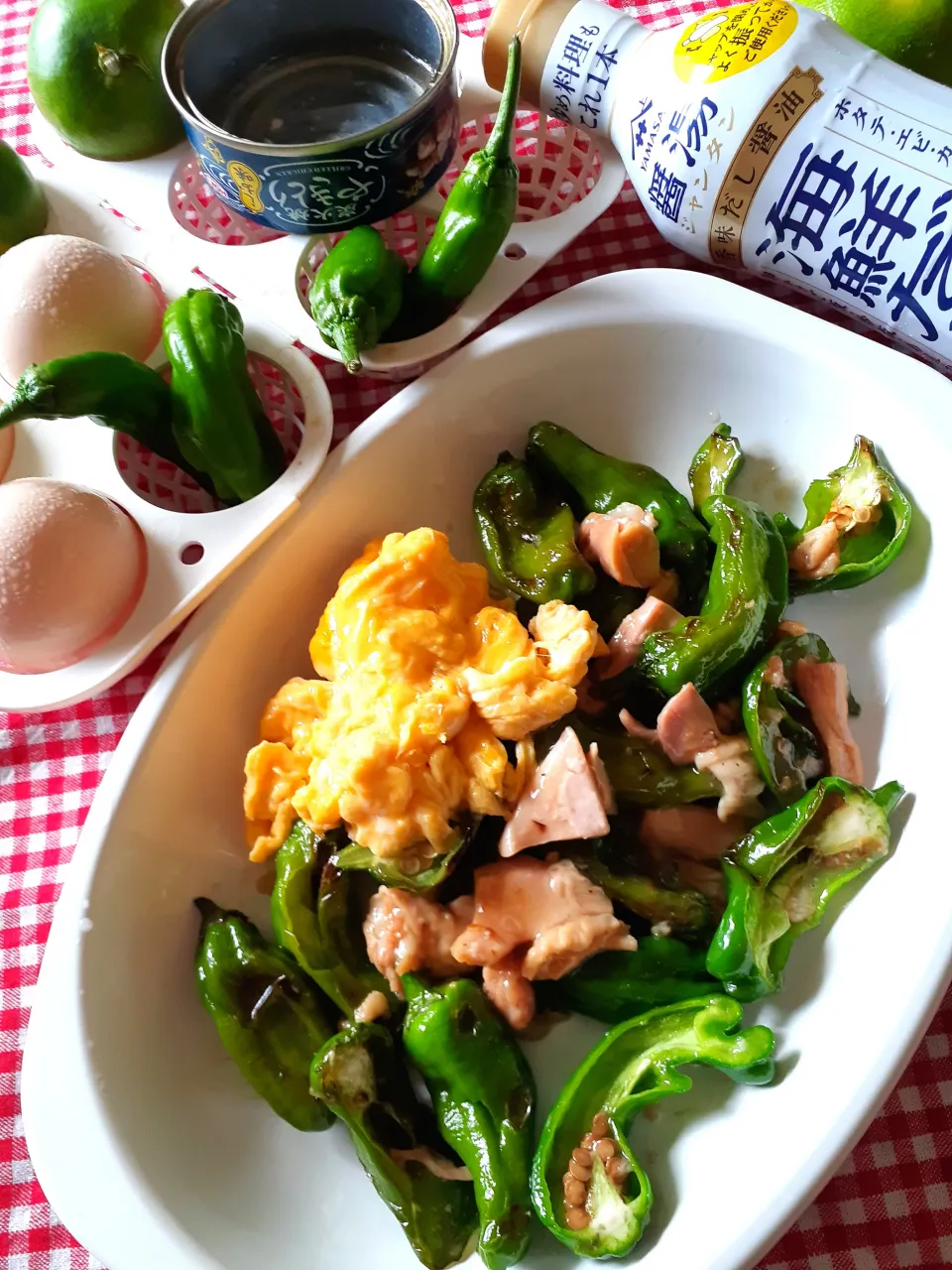 清姫獅子唐と焼鳥缶の海鮮だし炒め🐣|fumfumさん