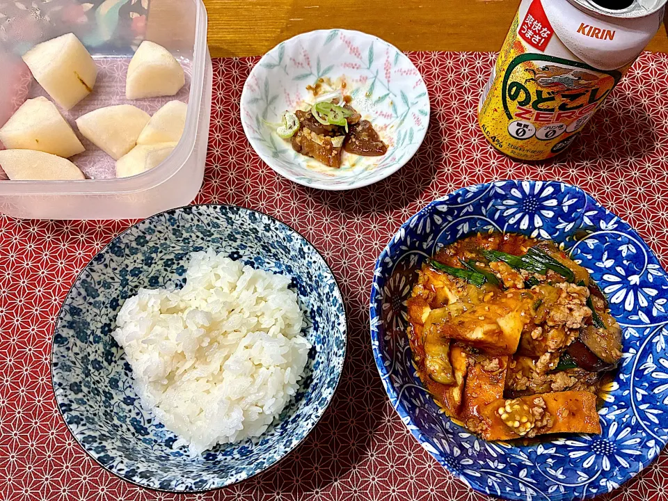 厚揚げ麻婆茄子・ゴマ鯖の漬け・梨|おさむさん