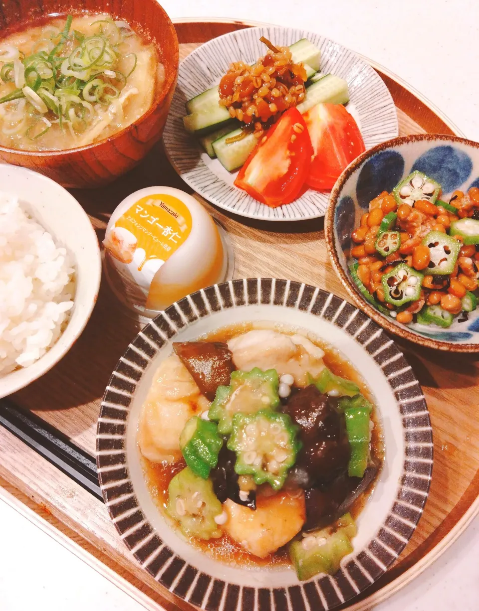 鶏肉と野菜のおろし煮、納豆とオクラの塩こんぶ和え、きゅうりのもろみ添え、お味噌汁、マンゴー杏仁|samさん