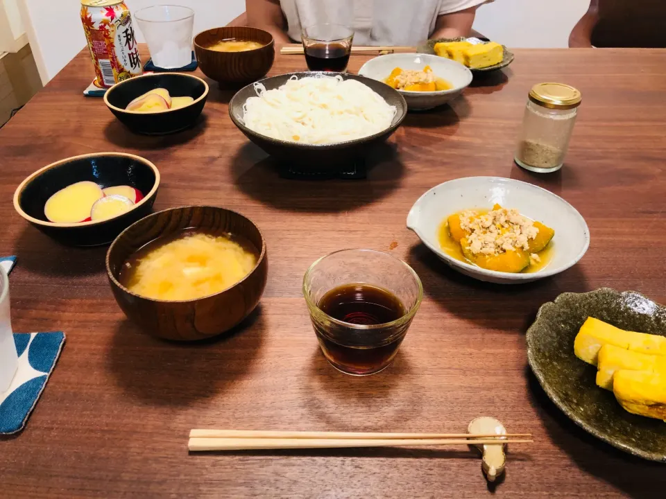 素麺、さつまいものレモン煮、かぼちゃの鶏そぼろ煮、玉子焼き|タロッカ主夫見習いさん