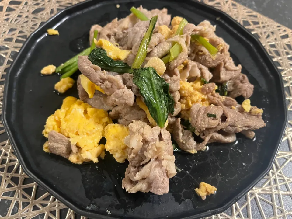 小松菜と卵肉炒め|たこさん