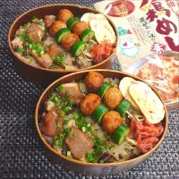 母とムスコのラブラブおソロ♪具がゴロゴロ鶏めし乗っけ弁当|からあげビールさん