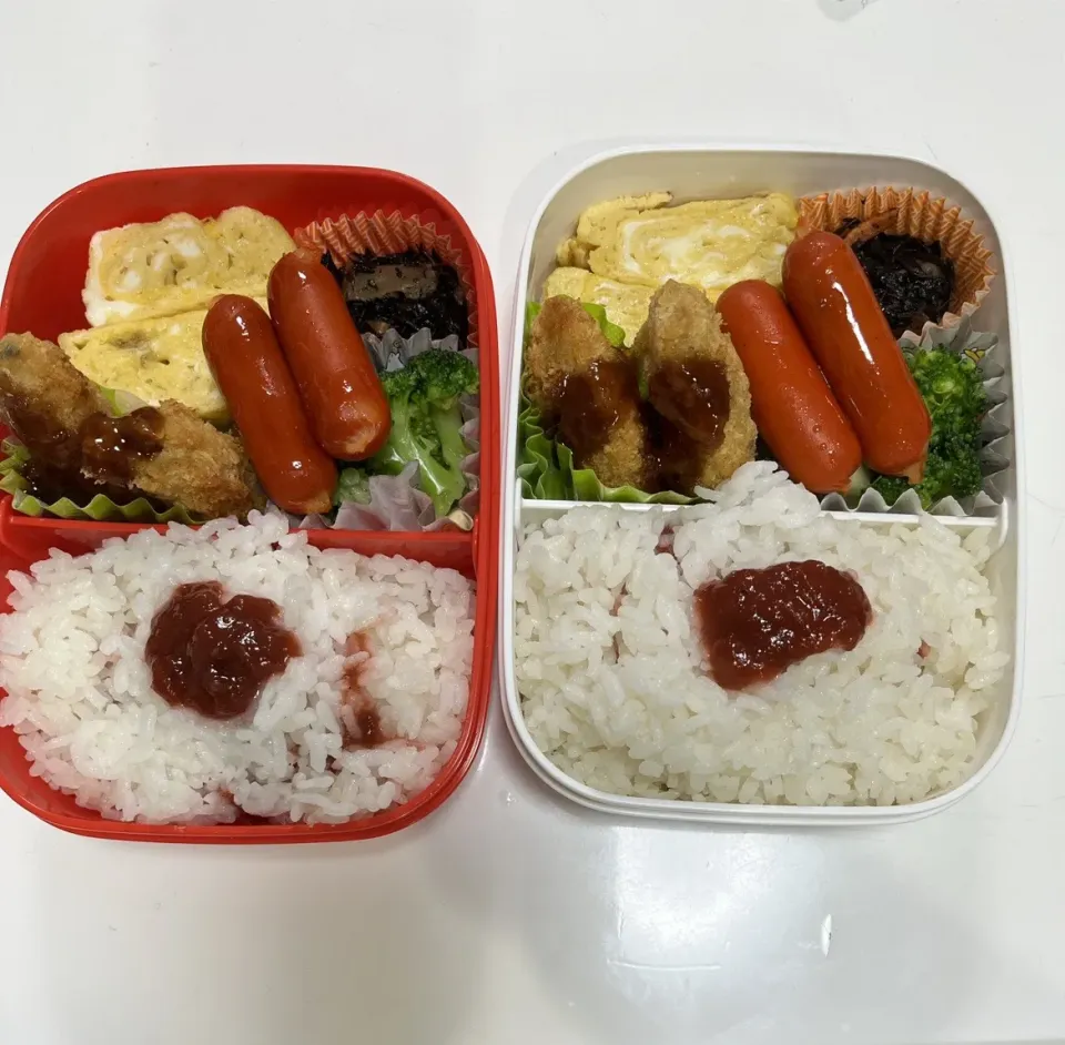 パパ弁と母弁。☆鯖のフライ☆ブロッコリー☆ひじき煮☆赤ウインナー☆卵焼き|Saharaさん