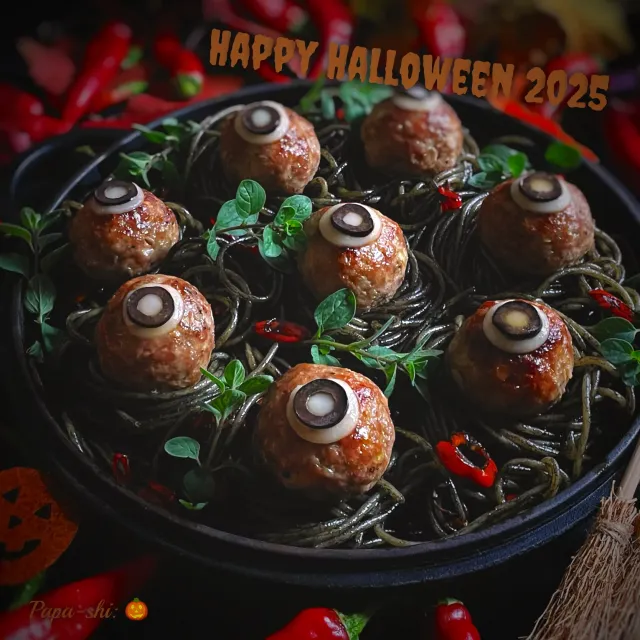 Snapdishの料理・レシピ写真:ハロウィン・パスタ🎃　この丸いのはなんでしょう❓｜ハロウィンパーティーメニューを楽しもう♪
